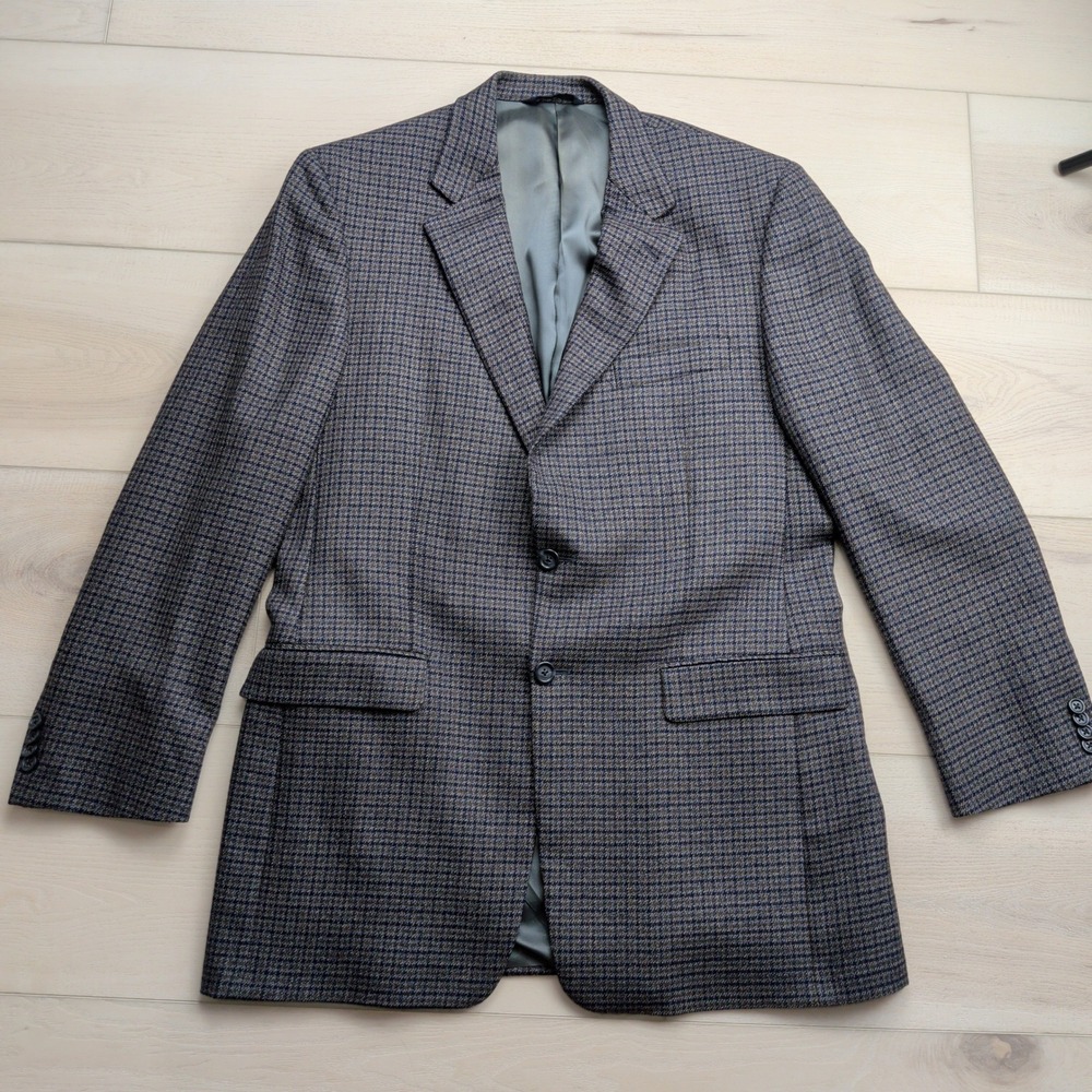 Burberry Houndstooth Check Blazer Sport Coat Mens 42L Grey Blue Brown Wool